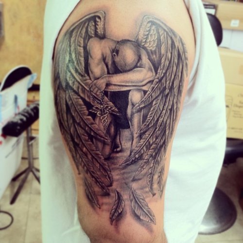 Grey Ink Fallen Angel Tattoo On Man Right Sleeve